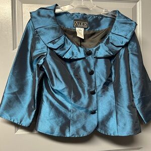 Alex Evenings ruffle style fitted short jacket. Dark teal blue taffeta. Size Med